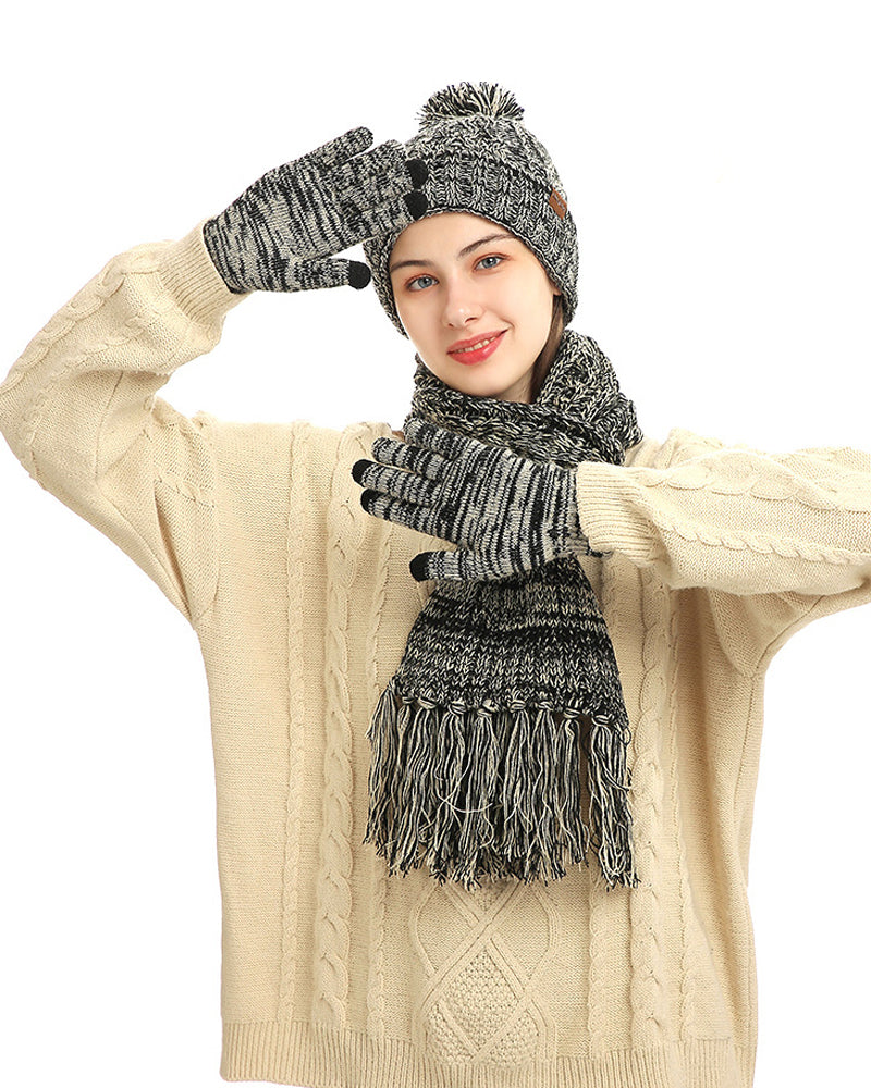 Hat Knitted Wool Three-Piece Set