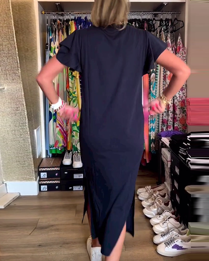 Letter print ruffle sleeve slit casual dress