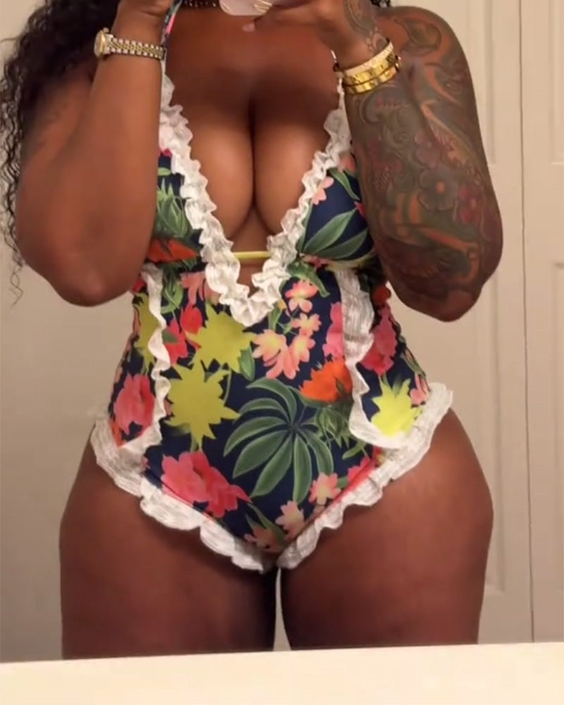 Elegant Printed Lace One-Piece Swimsuit