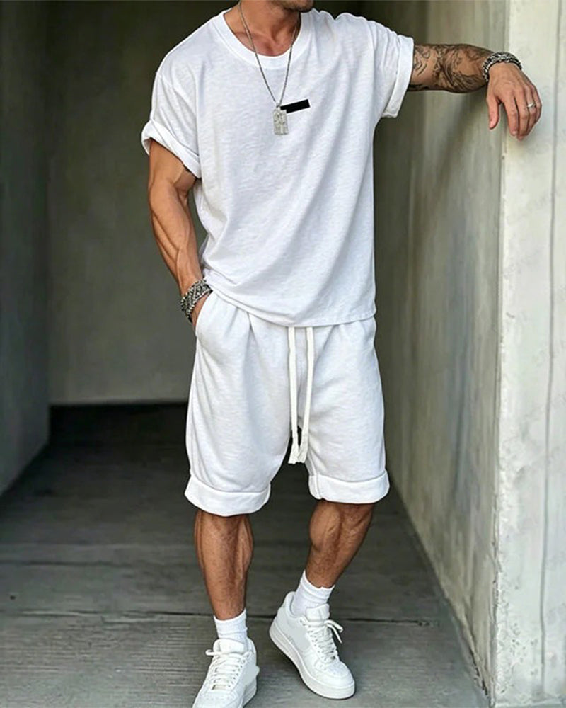 Casual Short Sleeve Drawstring Shorts Two-Piece Set