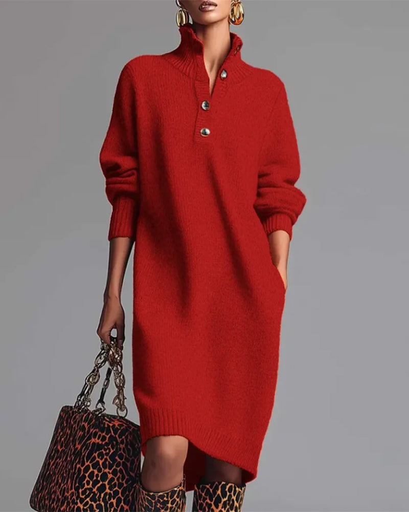 Solid Color Button High Neck Dress