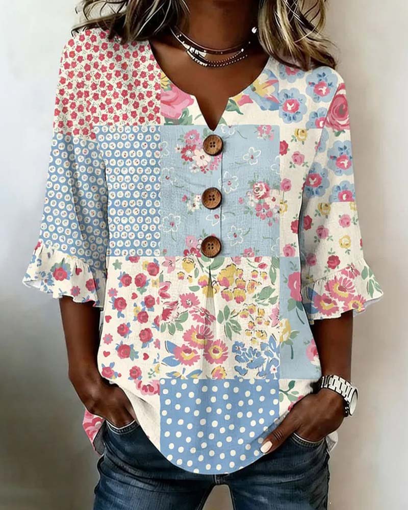 Short-Sleeve Floral Print Patchwork Blouse