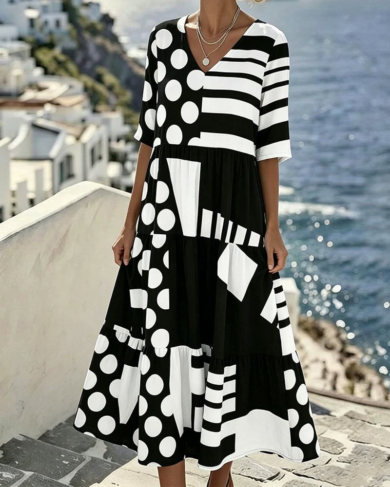 Polka Dot Striped V-Neck Dress
