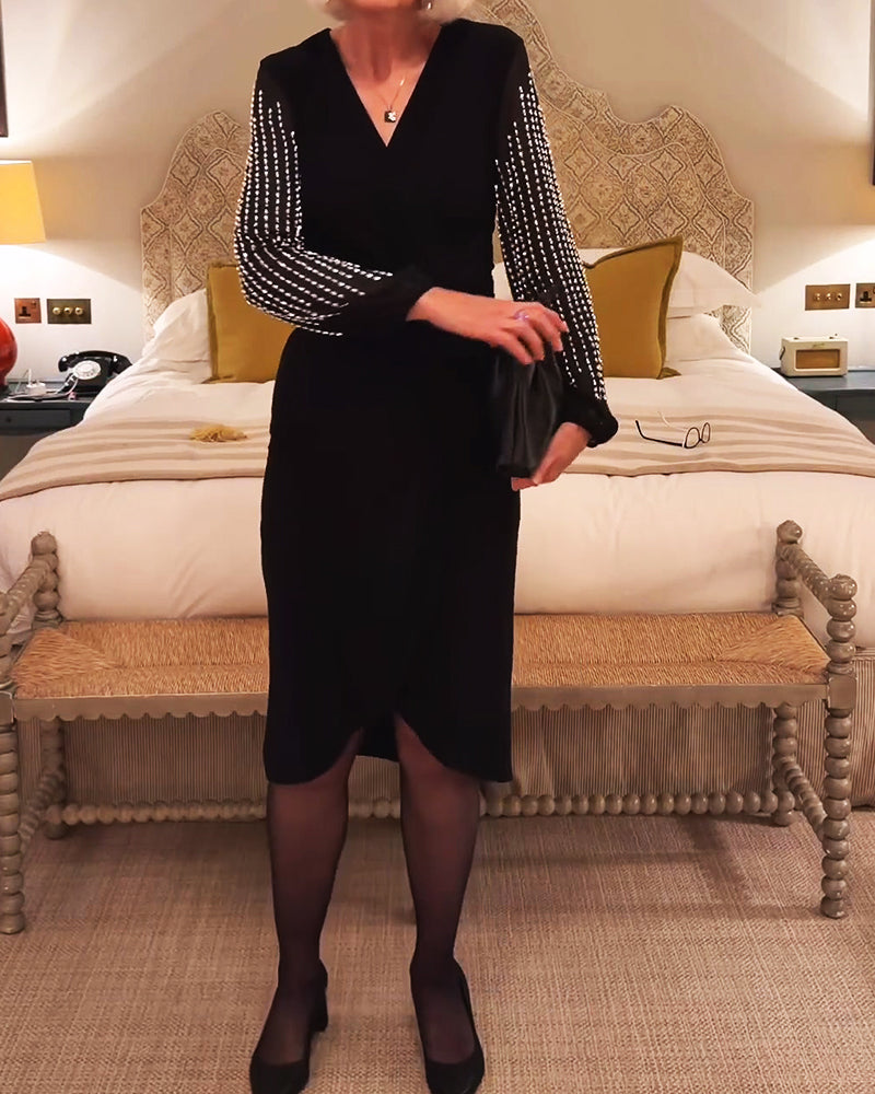 V-Neck Long Sleeve Fitted Waist Midi Dress