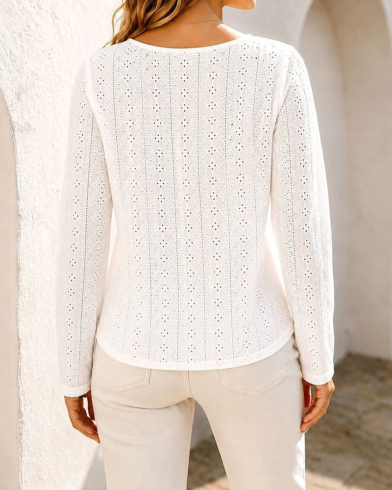 Crew Neck Cutout Long Sleeve Solid Color Blouse