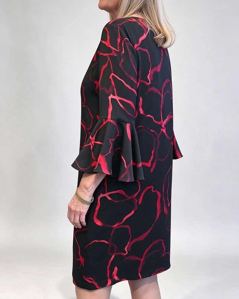 Contrast Color Round Neck And Bell Sleeves Dress