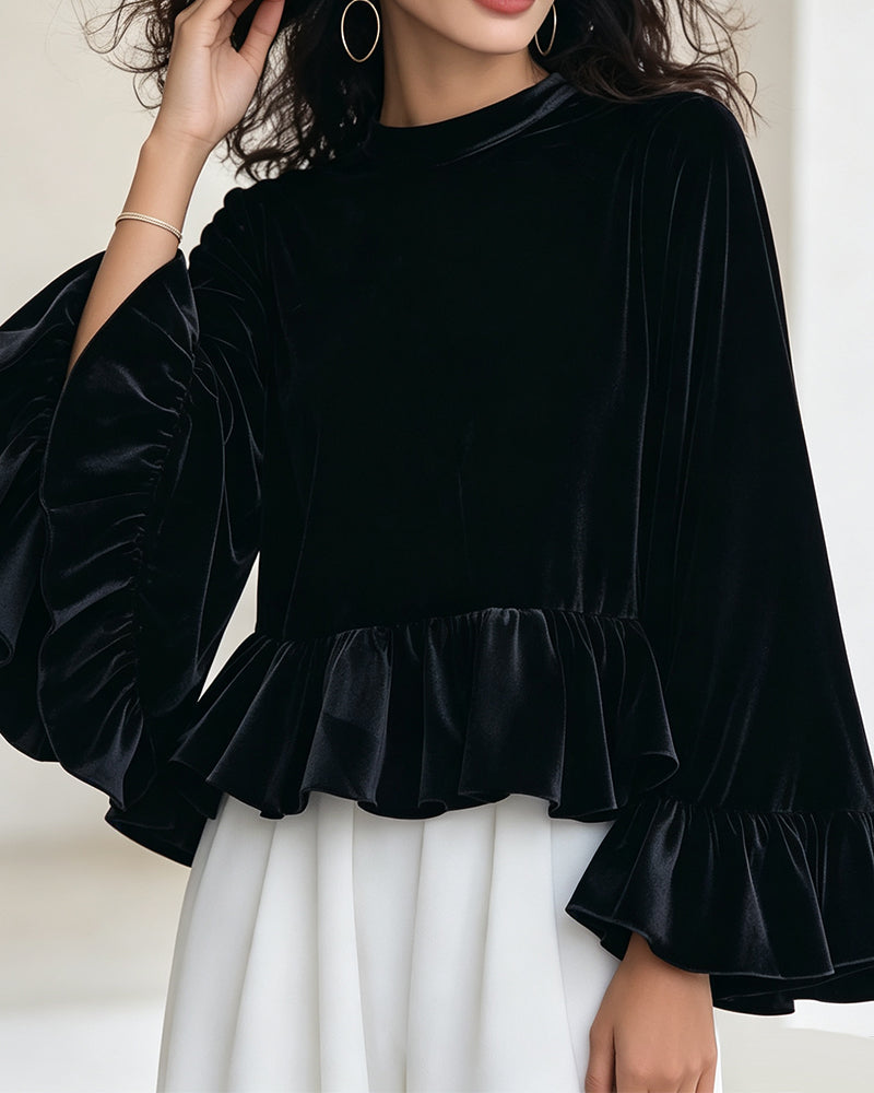Crew Neck Ruffle Flare Sleeve Blouse