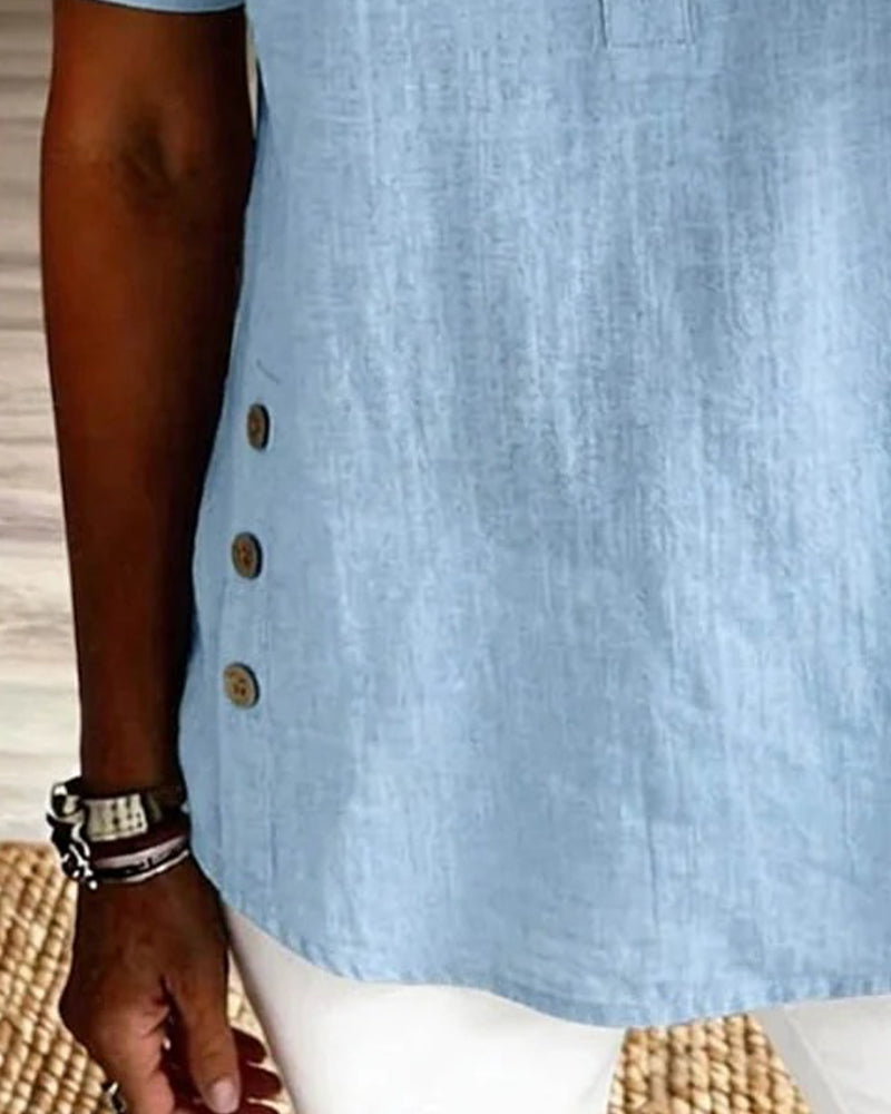 Solid-Color Loose-Fit Short-Sleeve Blouse