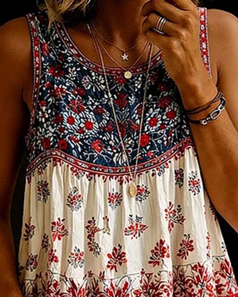 Sleeveless Crew Neck Bohemian Tank Top