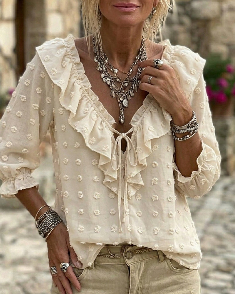 V-Neck Three-Dimensional Printed Puff Sleeves Blouse