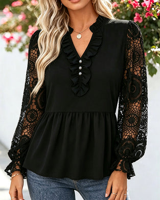 V Neck Lace Trim Patchwork Fan Shape Blouse