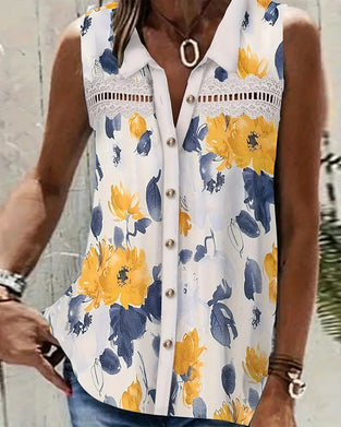 Sleeveless Lapel Printed Hollow Tank Top