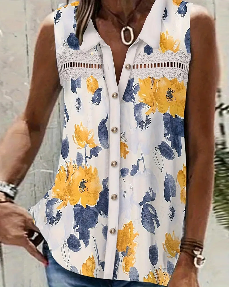 Sleeveless Lapel Printed Hollow Tank Top