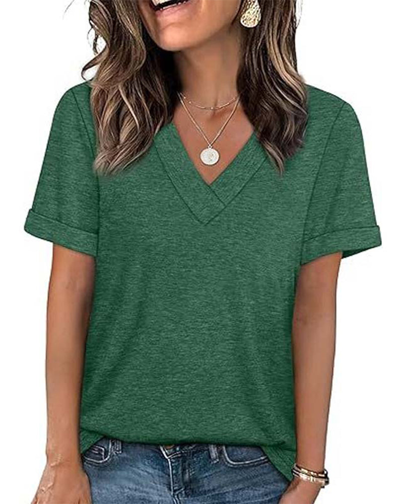Solid V-Neck Casual Short Sleeve T-Shirt