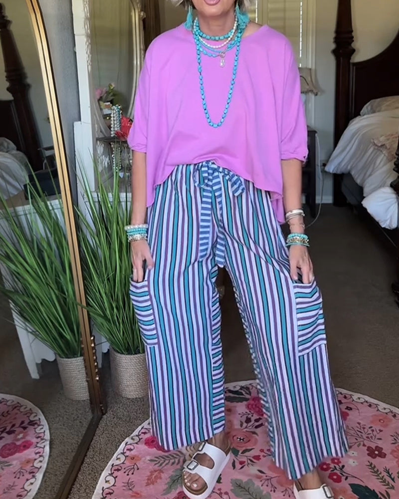 Striped Elastic Waist Casual Pants