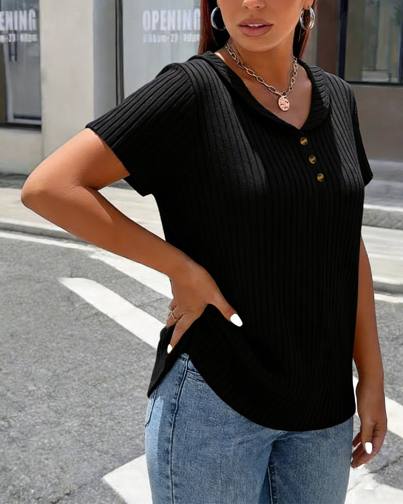 Ribbed V-Neck Mini Lapel Short Sleeve T-Shirt