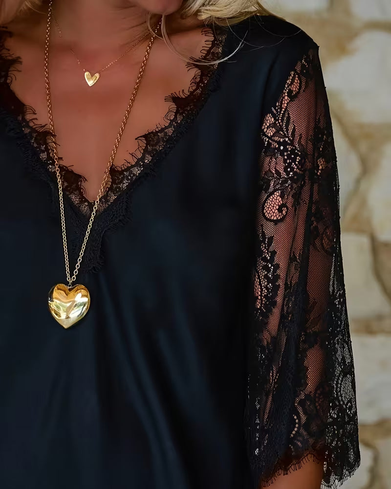 V-Neck Lace Paneled Elegant Dress