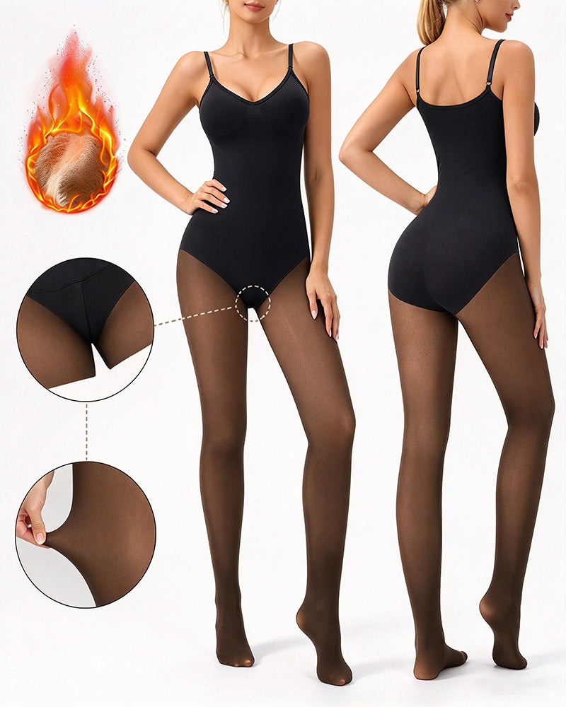 Sheer-Panel with Fleece Lined Tights Stay-Warm Tummy Control Sheer Effect Tights Bodysuit