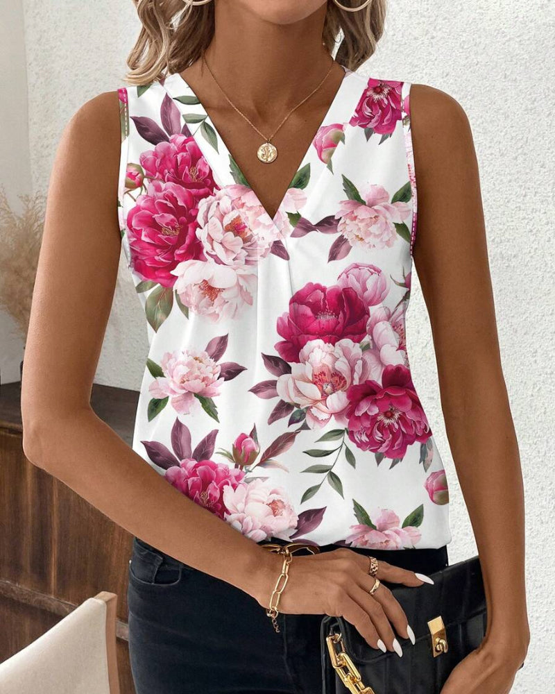 Rose Printed V-Neck Sleeveless Blouse
