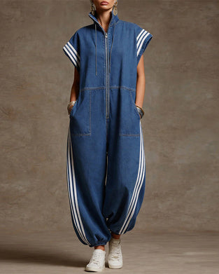 Striped Sleeveless Denim Jumpsuit