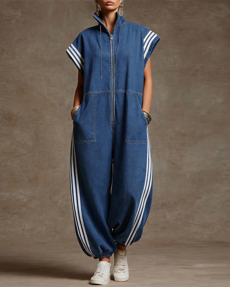 Striped Sleeveless Denim Jumpsuit