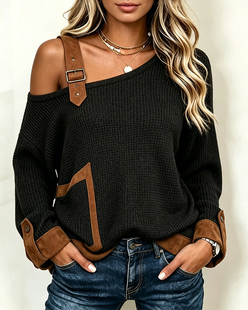 Off-Shoulder Asymmetric Neck Spliced Blouse
