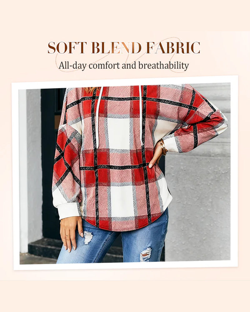 Women's Plaid V-Neck Hooded Long Sleeve Drawstring Sweater