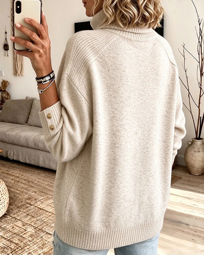 High Collar Buttoned Loose Pullover