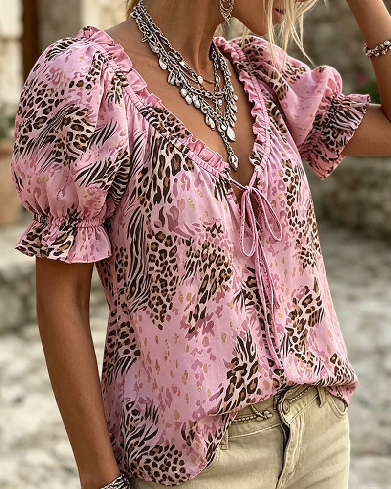 Leopard Print Puff Sleeve Lace-Up Blouse