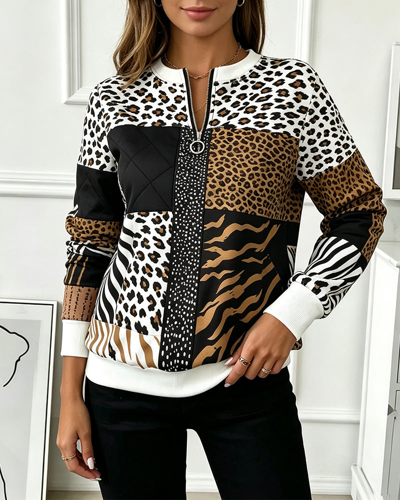 Zipper Leopard Polka Dot Pattern Sweatshirt