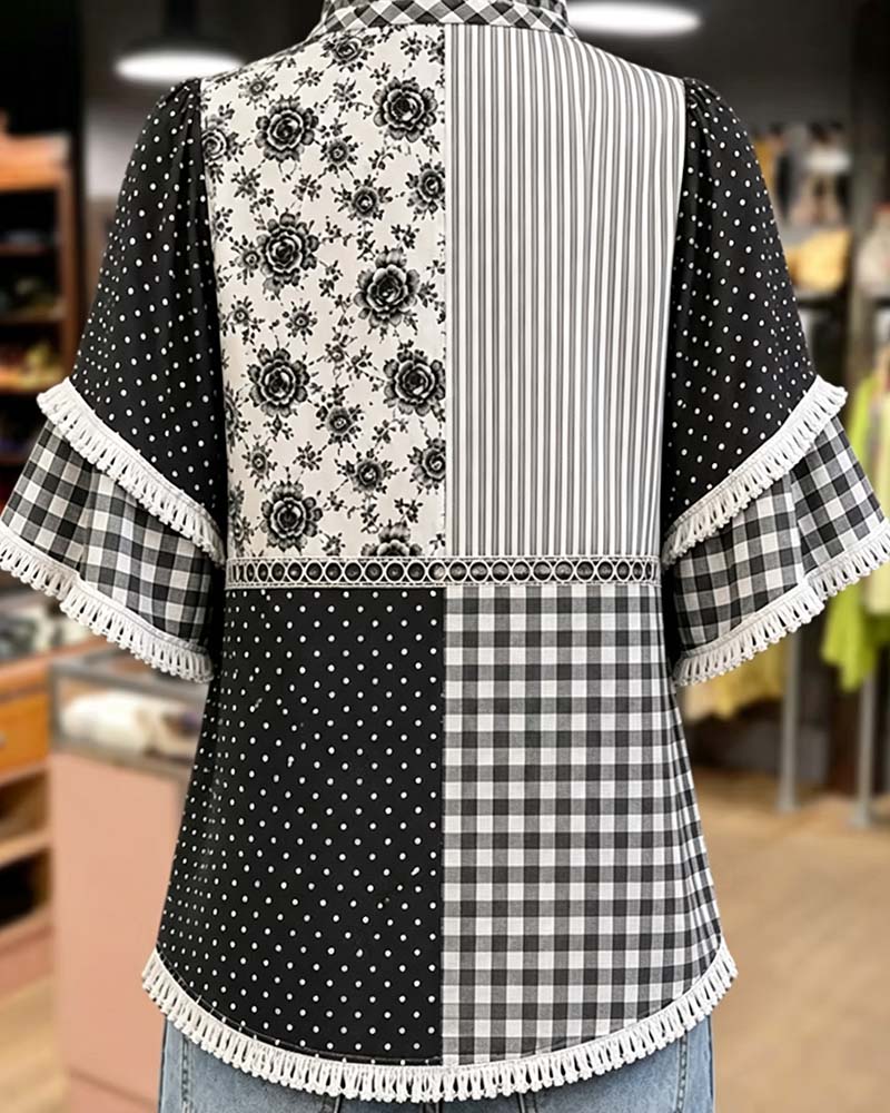 Mandarin Collar Polka Dot Plaid Blouse