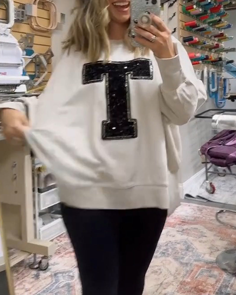 T-Design Sequin Embroidered Crew Neck Sweatshirt