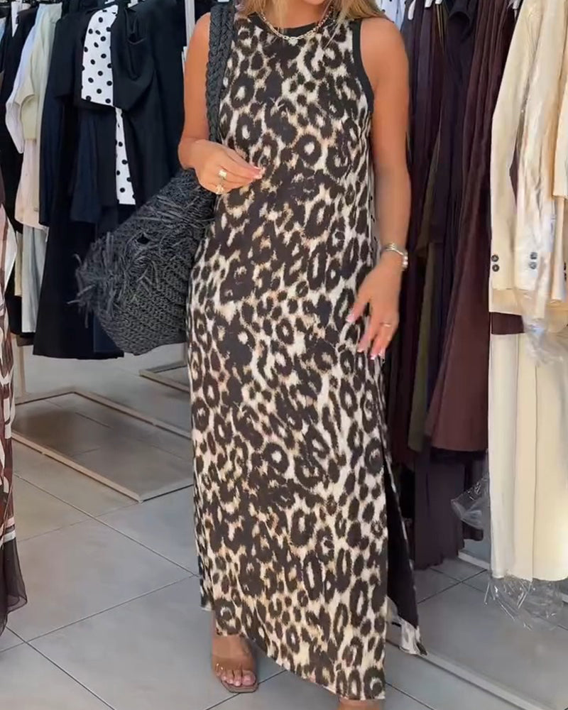 Crewneck Leopard Print Sleeveless Maxi Dress