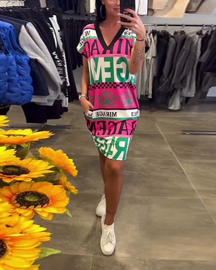 Printed V-Neck Short-Sleeved Dress