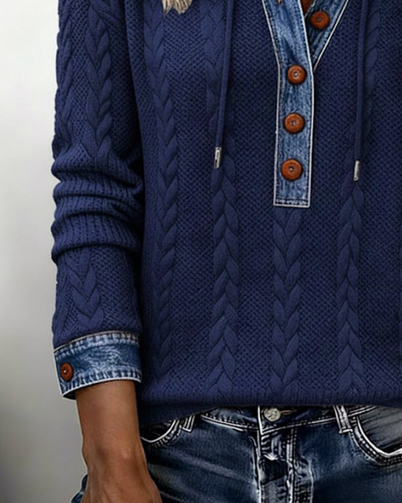 Color-Blocked Button Long-Sleeved Hooded