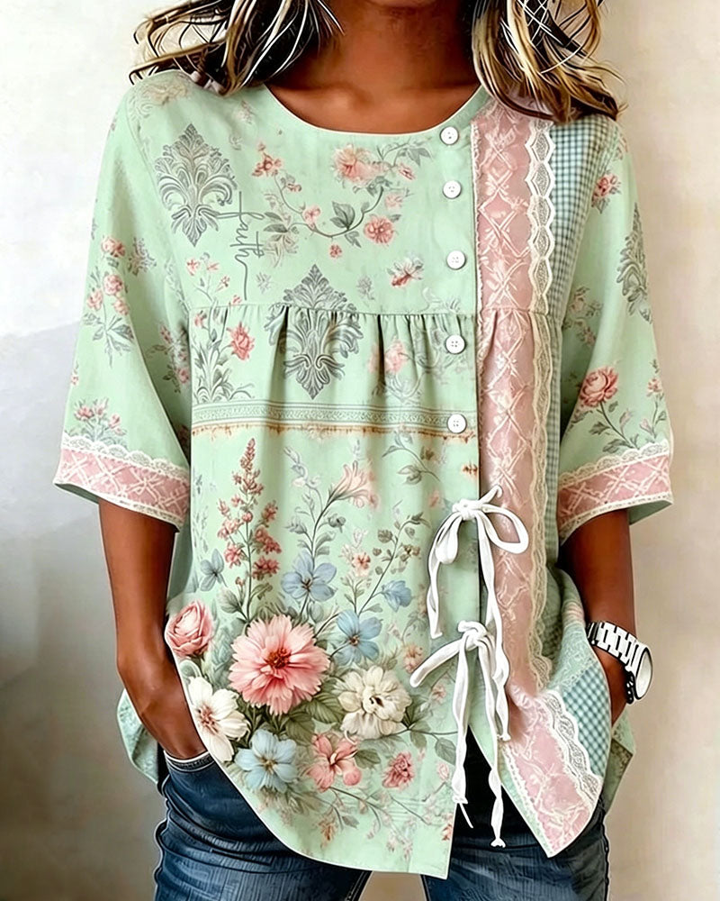 Retro Floral Print Casual Blouse