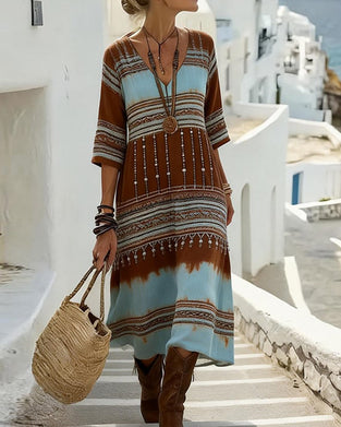 V-Neck Printed Bohemian Style Dress