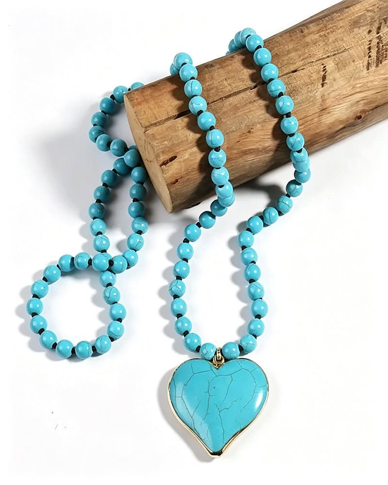 Women's Boho Vintage Turquoise Heart Beaded Pendant Necklace