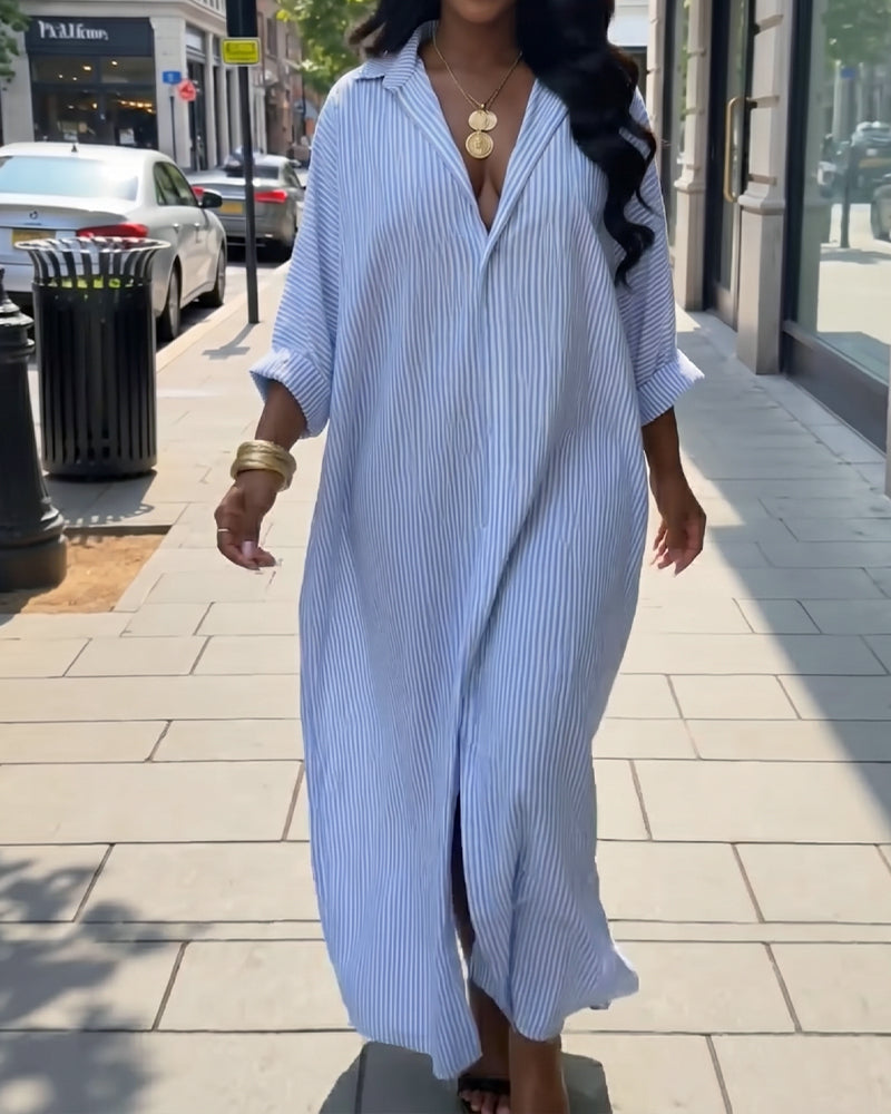 Long Sleeve Lapel Loose Striped Shirt Dress