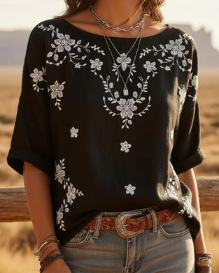 Crew Neck Drop Shoulder Loose Floral Blouse
