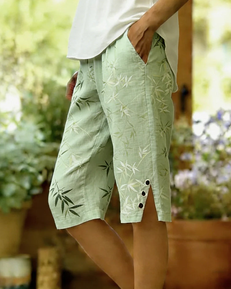 Bamboo Leaf Slit Button Cropped Pants