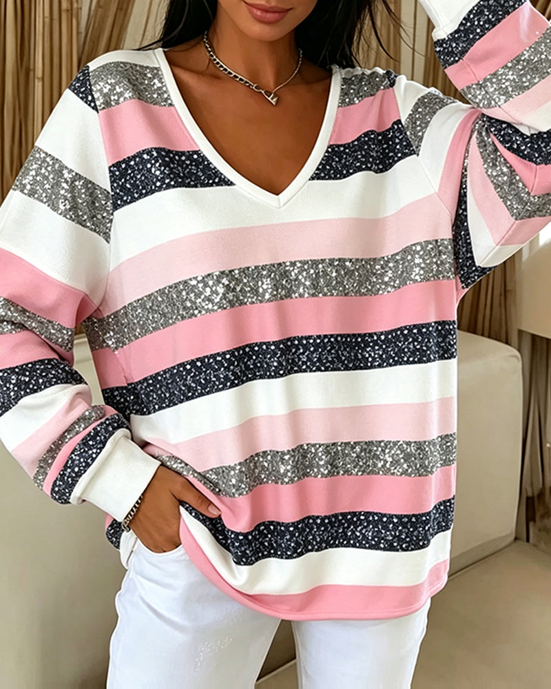 V-Neck Color-Block Stripe Casual Sweatshirt