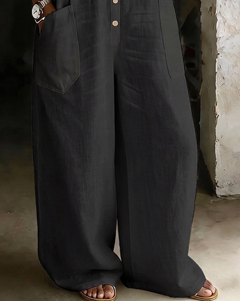 100% Cotton Lapel Collar Casual Wide Leg Jumpsuit