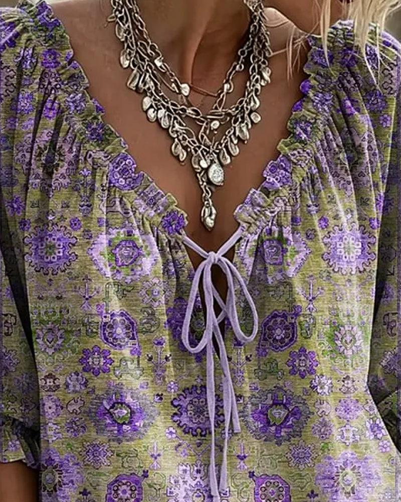 V-Neck Tie Vintage Print Blouse