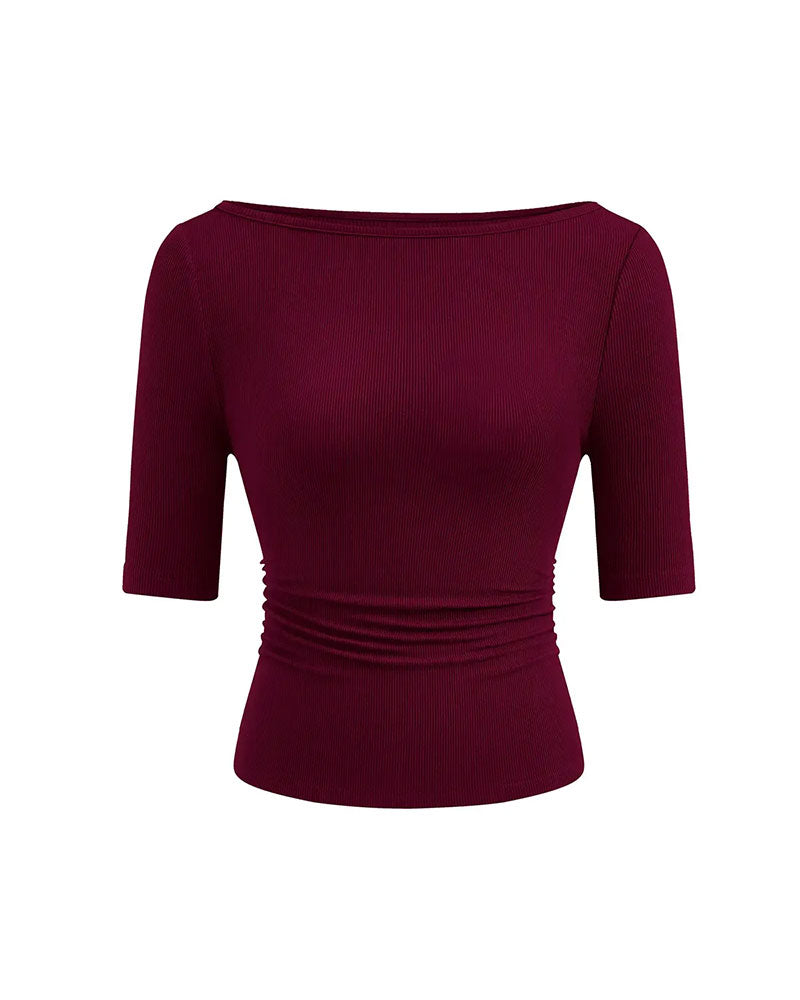Off-Shoulder Knitted Solid Color T-Shirt