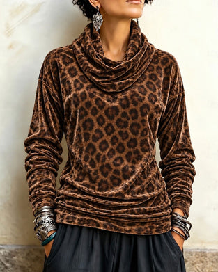 Leopard Print Turtleneck Velvet Long-Sleeve Top