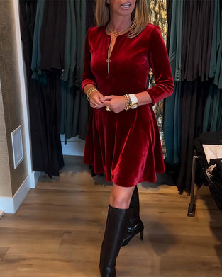Half-Zip Velvet A-Line Dress