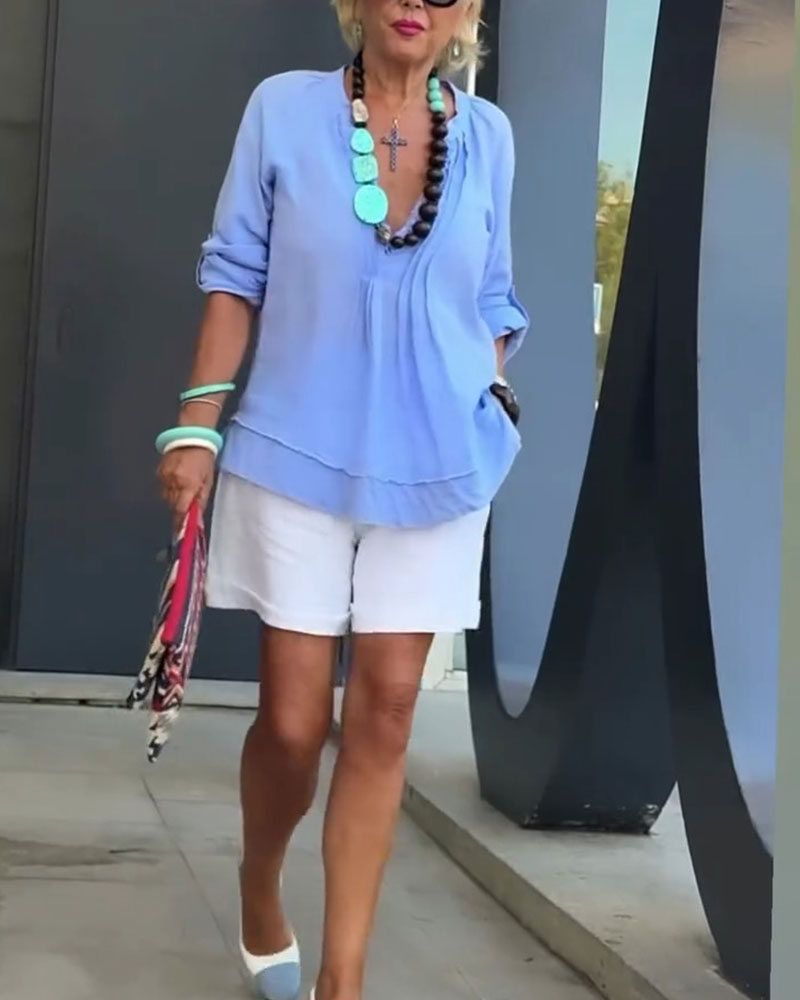 V-Neck Smocked Panel Relaxed Blouse