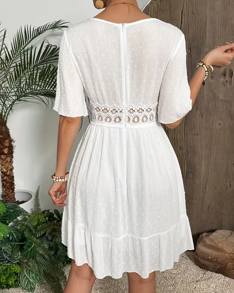 V-Neck Lace Trim Waist A-Line Dress