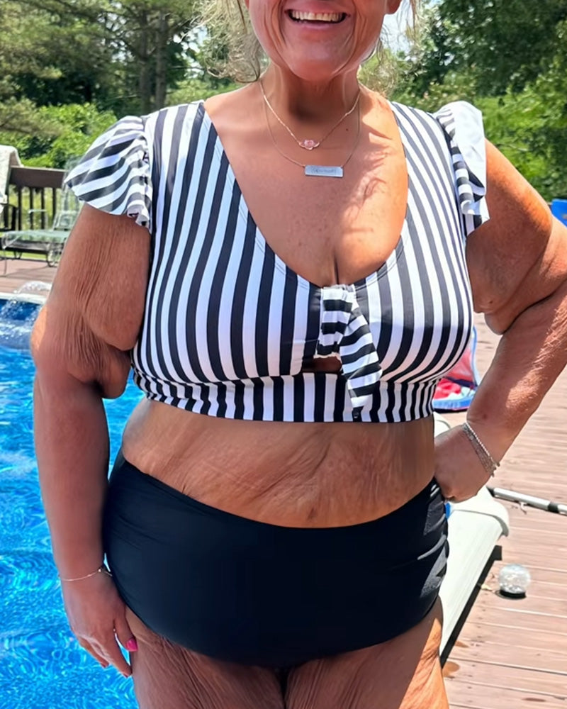 Striped Flutter Sleeve U-Neck Bikini